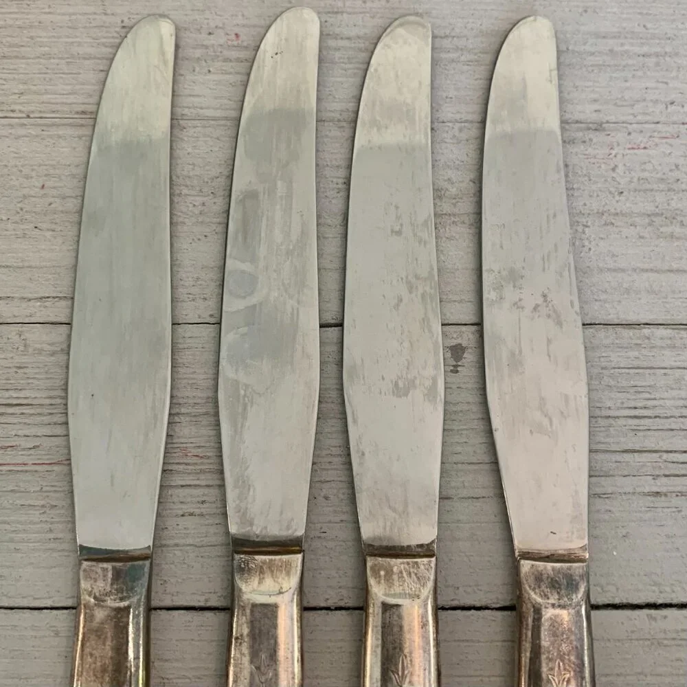 4 Meriden Silverplate Delight Knives Dinner Knife Floral Vintage 50s HTF Set 8.5